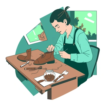 A teal shoemaker is sitting at a wooden workbench, repairing a pair of worn-out brown boots. The shoemaker is focused, with a needle and thread in hand, carefully stitching a seam on one boot. Various tools are spread out on the workbench, including a hammer, scissors, and a jar filled with small nails. There is a warm light illuminating the scene, casting soft shadows on the workbench, while a small window in the background reveals some greenery outside.
