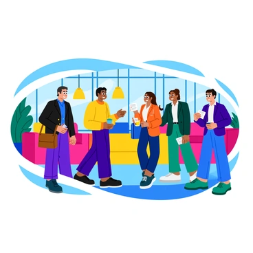 A stylish venue filled with entrepreneurs mingling and exchanging business cards. The room is adorned with modern furniture and bright, colorful decorations. A group of men and women dressed in fashionable attire are engaged in animated conversations. Some are holding drinks while others are showcasing their business cards. Large windows let in natural light, illuminating the vibrant atmosphere of collaboration and networking.