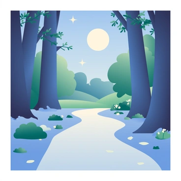 A winding path is visible through a dense forest, surrounded by towering trees. The ground is covered with a mix of soft earth and fallen leaves. Moonlight filters through the tree canopy, casting gentle shadows and illuminating patches of the path with a cool, silvery glow. Some bushes with small, white flowers are scattered along the sides of the path. In the distance, the outline of more trees can be seen against the night sky. A few twinkling stars are visible above, adding to the serene atmosphere of the scene.