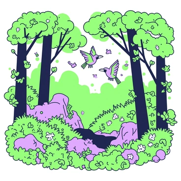 A dense rainforest filled with a variety of tall trees creating a thick canopy of leaves above. The branches of the trees are intertwined, providing shelter to the wildlife below. Exotic birds with vibrant plumage are flying overhead, their wings spread wide in mid-flight. Bright green ferns and shrubs cover the forest floor, while patches of colorful flowers add to the lush vegetation. The scene is alive with the presence of various wildlife, such as small mammals and insects, hidden among the foliage. The sunlight filters through the leaves, casting dappled shadows across the ground.