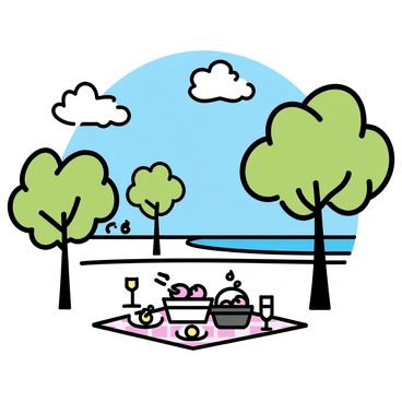 A beach scene featuring several "birne trees" with lush green leaves providing shade. Beneath the trees, there is a picnic setup on a checkered blanket. The picnic includes a basket filled with "birne" fruit, alongside plates of sliced "birne" and sparkling water in clear glasses. The sandy beach has gentle waves lapping at the shore, and a clear blue sky with a few fluffy white clouds above. In the distance, a few beachgoers are enjoying the sun and surf.