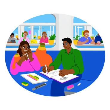 An illustration student sitting on a train seat with a sketchbook open on their lap. They are focused on drawing with a pencil, surrounded by scattered art supplies like colored pencils and erasers on the seat next to them. The interior of the train is filled with colorful advertisements on the walls and other passengers in the background, some looking out the window while others are absorbed in their phones. The student has a determined expression, and the sketchbook features various sketches of plants and characters, with some pages slightly fluttering. The train windows show a blurred view of a cityscape passing by.