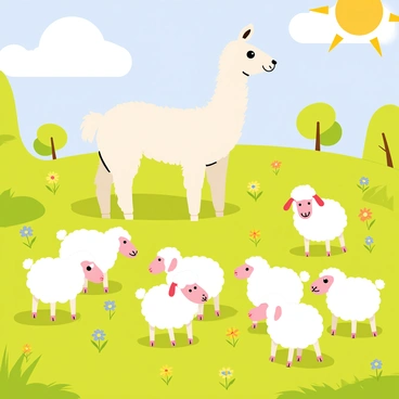 A grassy field filled with vibrant green grass and scattered wildflowers. A llama with a light brown and white coat stands in the center, looking down at a group of fluffy white sheep surrounding it. The sheep have varying expressions of curiosity and friendliness, with some gently nibbling on the grass. The sun casts a warm glow over the scene, creating soft shadows on the ground. In the background, there are a few trees and a bright blue sky with fluffy white clouds.