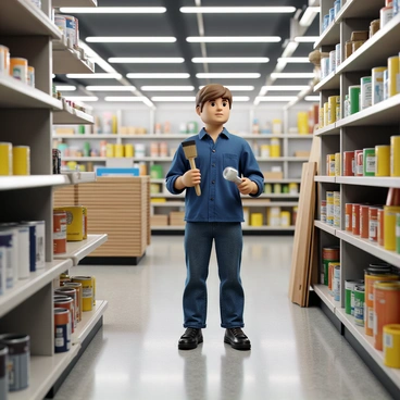 A customer with light skin and short brown hair stands in an aisle of a DIY store, looking thoughtfully at a selection of tools on a shelf. The aisle is brightly lit, showcasing various tools such as hammers, screwdrivers, and pliers, all neatly organized. In the customer's hands are a paintbrush and a roll of masking tape. Nearby, there are stacks of paint cans and a variety of wooden boards. The floor is made of polished concrete, reflecting the overhead lights. The customer is wearing a blue shirt and jeans, conveying a casual yet focused demeanor.