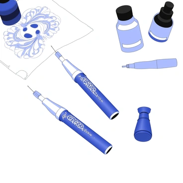 A tattoo machine is prominently displayed on a clean surface. It features intricate tribal patterns and motifs etched into its metal body. The machine has a sleek design, with a grip that is ergonomically shaped for comfort. The needle assembly is visible, showing its precise positioning. In the background, there are various tattoo ink bottles and a tattoo design sketch, emphasizing the artistic theme of body art.