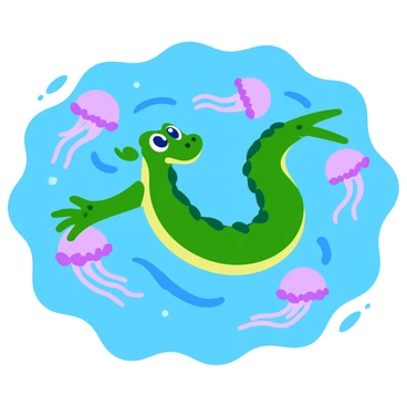 A long, serpentine sea serpent with vibrant green scales glides effortlessly through clear blue water. The serpent's eyes are large and expressive, glowing softly in shades of blue. Surrounding the serpent is a swirling swarm of jellyfish, each with translucent, bell-shaped bodies that emit a gentle glow in shades of pink and purple. Some jellyfish have long, trailing tentacles that drift gracefully in the water. The scene captures the fluid motion of the sea serpent as it weaves through the jellyfish, creating ripples in the water around them.