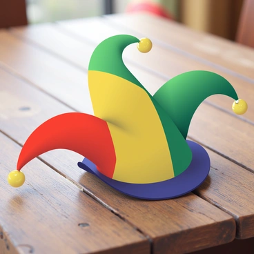A colorful jester hat with vibrant patches of red, green, and yellow fabric is resting on a rustic wooden table. The hat features pointed ends that curl at the tips, adorned with small, shiny bells that dangle at each point. The wood of the table has a weathered texture, showcasing visible grain patterns and subtle knots. Soft light casts gentle shadows across the table, emphasizing the playful nature of the hat. In the background, a hint of blurred color suggests a festive atmosphere.