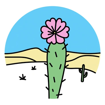 A green cactus with symmetrical spines is positioned prominently in the foreground. It's topped with a large, vibrant pink flower that is fully blooming, showcasing its petals. The background features a vast desert landscape with gentle sand dunes stretching out, under a clear blue sky. A few scattered, smaller cacti and sparse desert plants are visible in the surroundings, emphasizing the arid environment.
