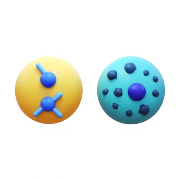 A 3D icon showing two side-by-side cells. On the left, a healthy cell with two centrioles positioned near the nucleus, displaying normal structures and organization. The centrioles are cylindrical and are colored in light blue. On the right, a cancerous cell with multiple irregularly shaped centrioles scattered throughout the cytoplasm, exhibiting a disorganized arrangement. The cancerous cell appears larger and has a rough texture, with the nucleus being abnormal in shape and size.