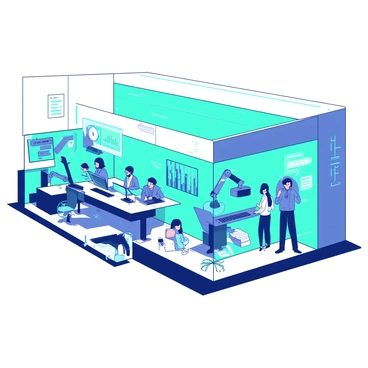 A vibrant futuristic company innovation lab featuring a sleek glass building with a bright white exterior. Inside, there are multiple workstations equipped with advanced tech and gadgets, including holographic displays showcasing interactive 3D models. Several professionals are engaged in collaboration, utilizing robotic arms and virtual reality headsets. The lab is illuminated by a soft teal glow from the embedded smart lighting, creating a dynamic and modern atmosphere. Various prototypes and digital screens line the walls, demonstrating the latest innovations in technology.