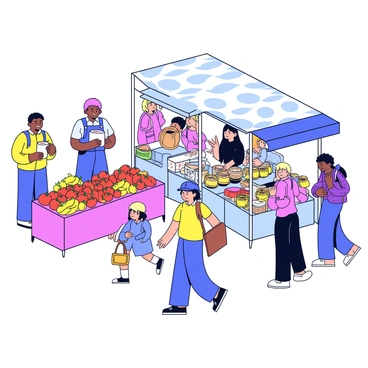 A lively street market scene with several colorful stalls. One stall features a variety of fresh fruits and vegetables, including bright red tomatoes and yellow bananas. Nearby, another stall displays an assortment of handmade goods, such as woven baskets and hand-painted ceramics. People are walking through the market, some are examining the goods while others are chatting with the vendors. The atmosphere is vibrant with a mix of colors and textures from the products being sold.