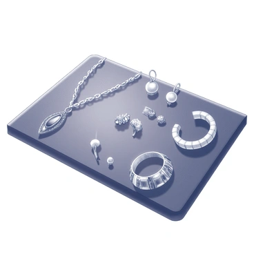 A velvet mat is spread out smoothly on a flat surface. Centered on the mat is a collection of five unique pieces of jewelry arranged artistically. The first piece is an intricately designed necklace with a large pendant that gleams. Next to it, there is a set of elegant earrings featuring delicate patterns. A bold bracelet with geometric shapes lies nearby, reflecting light. The fourth item is a ring with an ornate setting, showcasing a prominent gemstone. Lastly, a charm bracelet adorned with various charms adds a whimsical touch to the arrangement. Each piece is distinct in design and detail, contributing to an overall captivating display.