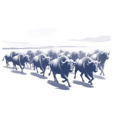 A herd of buffalos in motion, charging across the vast plains. The animals are depicted with powerful bodies and strong legs, their hooves kicking up dust as they run. The scene captures multiple buffalos, some with their heads lowered, displaying urgency and speed, while others are rising on their hind legs, showcasing their raw strength. In the distance, the horizon is visible, creating a sense of movement and openness within the landscape. The sky above appears expansive, hinting at the time of day, with subtle hints of shadows cast by the buffalos as they stampede forward.