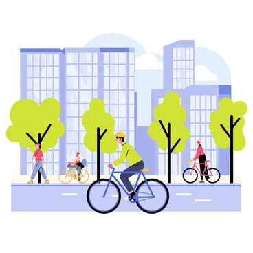 A person commuting through a city on a bicycle during a pleasant morning