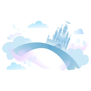 A bridge made entirely of fluffy clouds stretches across the sky. The clouds are soft and billowy, creating a gentle arch that guides the viewer's gaze. At the end of the bridge, a magnificent castle floats majestically. The castle has tall spires and intricate architectural details, surrounded by a gradient of pastel colors that enhance its enchanting presence. Wisps of clouds drift around the castle, completing this ethereal scene.