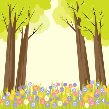 A forest scene with tall, green trees featuring abundant new buds sprouting on their branches. The trunks of the trees are covered in textured brown bark. Below, there is a vibrant carpet of colorful wildflowers in various hues of purple, yellow, and white, densely covering the forest floor. Sunlight filters through the leaves, casting soft shadows onto the ground, creating an inviting and lively atmosphere.