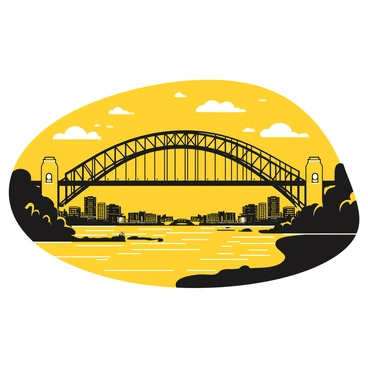 A view of the "Sydney Harbour Bridge" arching across the scene. The bridge is illuminated by city lights, creating a striking contrast against the darkening sky. Below the bridge, the water reflects the bright lights of the city, creating a shimmering surface. Silhouetted buildings and structures line the waterfront, enhancing the urban landscape. The scene captures the essence of a bustling city transitioning from day to night.
