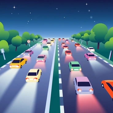 A busy highway at night is filled with a multitude of cars moving in both directions. The headlights of the vehicles create bright streaks of white light, while the taillights shine in vibrant red hues. The asphalt of the highway reflects the lights, creating a shimmering effect. On the sides of the highway, there are green trees and roadside signs, partially illuminated by the passing lights. The sky above is deep blue with a few scattered stars visible, adding to the night scene.