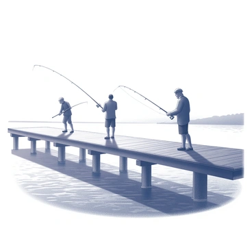Fishermen standing on a wooden pier, each with a fishing rod in hand. One fisherman is casting a line into the water, while another is carefully reeling in a catch. The scene includes rippling water below the pier and the outline of the shoreline in the distance. Morning fog blankets the area, gradually lifting to reveal a soft sunlight illuminating the scene. Shadows stretch across the pier from the fishermen and the wooden planks.