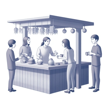 A traditional tea stall made of wood, featuring a rustic counter and various pots for brewing different types of tea. The stall is adorned with hanging tea leaves and utensils used for preparing beverages. There are several eager customers standing around the stall, some holding cups of tea, while others are in conversation. The customers display a range of expressions, showcasing their anticipation and enjoyment of the aromatic beverages being served. The scene captures a lively and bustling atmosphere, highlighting the social aspect of enjoying tea together.