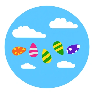 A collection of colorful guitar picks, each with a different design and bright hues, is floating gently in a bright blue sky. The picks display vibrant patterns, such as stripes and polka dots. Fluffy white clouds drift by, creating a soft contrast against the deep blue backdrop. The scene is lively, filled with a sense of movement as the picks sway slightly in the gentle breeze.