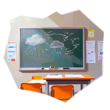 A classroom blackboard filled with detailed chalk drawings demonstrating the formation of occluded fronts. The blackboard features various illustrations, including arrows depicting air flow, symbols for warm and cold air masses, and shaded areas representing precipitation. There are labels in clear handwriting identifying each component, such as "Cold Front," "Warm Front," and "Occluded Front." The drawings are arranged in a logical sequence to guide the viewer through the process. The surrounding classroom walls are adorned with educational posters related to weather patterns.