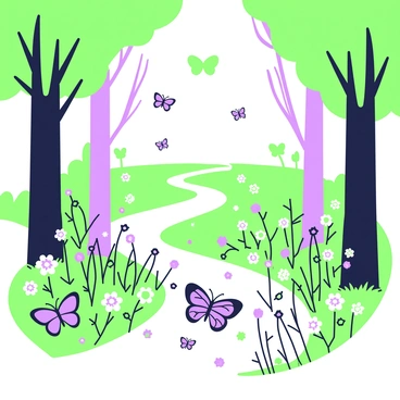 A forest path winds through dense trees, leading to an open meadow. The path is flanked by tall, slender trees with green leaves, creating a natural arch above. As the path opens up, a vast meadow spreads out, filled with a variety of wildflowers in different shapes and sizes. Numerous butterflies with intricate patterns and designs are fluttering throughout the meadow, some hovering over the flowers and others dancing in the air. The sunlight filters down into the meadow, casting soft shadows and highlighting the vibrant colors of the flowers.