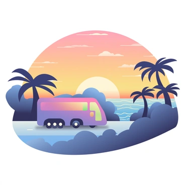 A purple bus is parked on a coastal highway, silhouetted against a vibrant sunset sky. The sky is filled with hues of orange, pink, and yellow, blending elegantly together. Waves can be seen crashing against the rocky shoreline in the background. Silhouetted palm trees line the highway on either side of the bus, their leaves gently swaying in the breeze. The road curves slightly, leading the eye toward the horizon where the sun is setting.