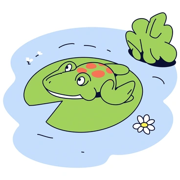 A close-up of a frog with bright green skin and intricate orange spots, resting comfortably on a large round lily pad. The lily pad is a vibrant green color with smooth edges. Surrounding the pad is a calm bog with gentle ripples in the water, reflecting hints of blue and green. Nearby, a few delicate white flowers float on the surface, adding a touch of contrast to the scene. The atmosphere is tranquil, enhanced by the lush greenery visible in the background.