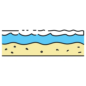 A smooth ocean wave with white frothy crests gently lapping against a golden sandy beach. The sand is fine and unblemished, stretching along the shoreline. Small shells and pebbles are scattered on the beach, reflecting the sunlight. The water is clear and turquoise, seamlessly blending with the sky in the background.