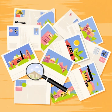 A collection of old postcards scattered across a wooden table. Each postcard features a different vibrant scene of a far-off place, with images of landmarks, landscapes, and iconic buildings. The postcards have a slightly worn appearance, with faded colors and frayed edges. Some postcards are face up, revealing their colorful illustrations, while others are turned down, showcasing their vintage backs. A couple of postcards are overlapping, creating a layered effect, and a small decorative magnifying glass is placed beside the collection, hinting at exploration and curiosity.
