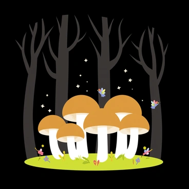 A circle of mushrooms with brown caps and white stems is positioned on the forest floor. The mushrooms are clustered closely together, forming a perfect circular shape. The dark forest is filled with tall, shadowy trees with twisted branches and dense foliage, creating an enclosed atmosphere. Tiny fairies with delicate wings, shimmering in shades of blue and pink, flutter around the mushrooms. Each fairy is about the size of a thumb, with sparkling dust trailing behind them as they move. The ground is covered with green moss and fallen leaves, enhancing the enchanted feel of the scene.
