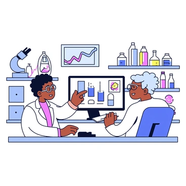 Two researchers are in a laboratory engaged in discussion. One researcher, wearing a white lab coat and safety glasses, points at a computer screen displaying colorful graphs and charts of mRNA data. The second researcher, also in a lab coat, is taking notes on a notepad, looking thoughtfully at the screen. The lab is filled with scientific equipment, such as microscopes and test tubes, and there are shelves with various biological samples in the background.