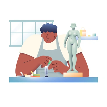 An artist with olive skin and curly black hair is focused intently on sculpting a clay figure. The artist is wearing a light gray apron over a white shirt, and their hands are covered in clay as they work on the figure, which stands on a wooden pedestal. The figure, an elegant human shape, showcases precisely measured body proportions, with defined limbs and a smooth surface. Surrounding the artist are various sculpting tools, including a metal sculpting knife and wooden modeling tools, arranged neatly on a workbench. A large window in the background allows natural light to illuminate the workspace, highlighting the clay and the artist's concentrated expression.