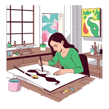 An expert illustrator is using a black ink brush on a white canvas in a well-lit studio. The illustrator is focused, with a determined expression, as they create intricate lines and shapes. Around them, various brushes and ink pots are neatly arranged on a wooden table. Large windows allow natural light to flood the space, illuminating the colorful artworks displayed on the walls. The floor is wooden, adding warmth to the studio environment.