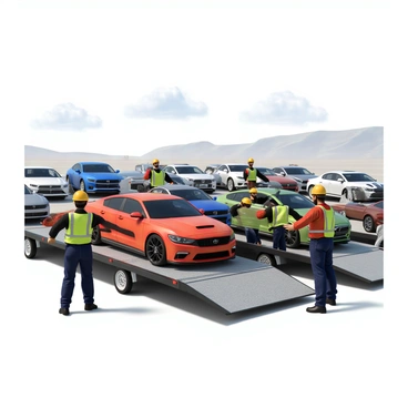 A group of workers in safety vests and hard hats, securely fastening cars onto transport trailers using heavy-duty straps. The scene shows two workers each gripping a strap, with one worker pulling the strap tight while another checks the car's position on the trailer. The cars are various models in different colors, parked closely together on the trailers. The setting is an outdoor transport yard with a clear sky and a few rolling clouds.