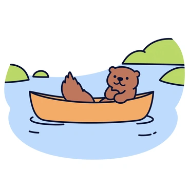 An otter is sitting comfortably in a small wooden boat that has a smooth, polished finish. The boat is gently bobbing as it drifts downstream on a calm river. The otter has fluffy brown fur and its eyes are bright and curious. Surrounding the boat is water that reflects the sunlight, creating small ripples. In the background, there are soft, green riverbanks and a few scattered rocks. The scene captures a peaceful moment in nature.