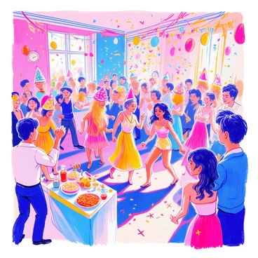 A lively New Year's Eve party scene with people dancing and wearing party hats