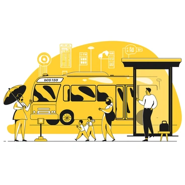 A city bus stop with various people waiting. There is a woman holding a yellow umbrella, checking her watch, and a man with a briefcase looking at his phone. A child stands next to a parent, holding a toy. In the background, a yellow bus is arriving, and its doors are opening. The bus has a digital display showing the route number in white. Tall buildings are visible in the background, and a street sign can be seen nearby.