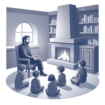 A cozy room with a large, stone fireplace at its center, filled with crackling wood. Jon Snow, wearing dark clothing, sits on a sturdy wooden chair, leaning slightly forward as he engages a group of children in front of him. The children, of various ages, sit on the floor in a semi-circle around him, their faces illuminated by the warm glow of the fire. Some children have wide, attentive eyes while others lean in, captivated by his storytelling. The room is decorated with rustic elements, including wooden beams overhead and shelves lined with books and trinkets. The atmosphere is inviting and filled with a sense of wonder.