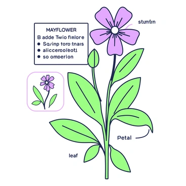 A botanical sketch of a "mayflower" featuring detailed illustrations of the plant's structure. The "mayflower" shows its characteristic star-shaped flowers with five petals, arranged symmetrically around a central cluster of stamens. The stems are slender and green, with alternating leaves that are broad at the base and tapering towards the tip. Each leaf is finely detailed, showcasing the veins and edges. Annotations include labels for different parts of the plant, such as "petal," "stamen," "leaf," and "stem." The sketch also includes a small box in the corner summarizing the plant's habitat and growth conditions, enhancing the educational aspect of the illustration.