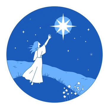 A figure dressed in a flowing white garment stands on a hilltop, extending their arm upward towards a bright, twinkling star in the deep blue night sky. The star is large and shining, surrounded by a scattering of smaller stars. The person's silhouette is outlined against the sky, giving a sense of longing and aspiration. In the foreground, there are delicate wildflowers, gently swaying in the night breeze, adding to the tranquil atmosphere of the scene.