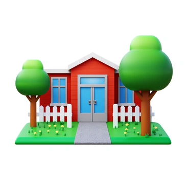 A small clinic building with a red brick exterior and a white picket fence. The clinic has large windows, allowing natural light to fill the interior. Surrounding the clinic are green fields dotted with wildflowers. There are several tall trees providing shade near the entrance. A gravel path leads to the front door, creating a welcoming entrance to the clinic.