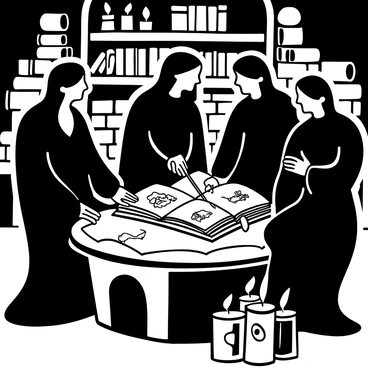 A circle of robed figures gathered around a large ancient book resting on a stone table. The figures are shrouded in dark, flowing robes, their silhouettes blending into the shadows. One figure is pointing to a page with intricate illustrations of werewolves, while others lean in closely, their hands resting on the table. The scene is illuminated by the flickering light of candles positioned around the table, casting dramatic shadows. In the background, there are shelves filled with scrolls and old tomes, enhancing the atmosphere of scholarly discussion.