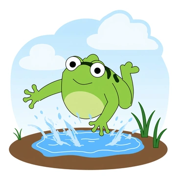 A bright green frog with large, bulging eyes is mid-leap over a small puddle created by a recent rain shower. The frog's skin glistens with moisture, reflecting the sunlight peeking through the clouds. As it splashes down, water droplets are flying in all directions, creating a dynamic spray around the frog. The ground is a rich, dark brown, showing signs of the rain, with a few nearby blades of grass swaying gently. The sky above is a light blue with fluffy white clouds, indicating the rain has just passed.