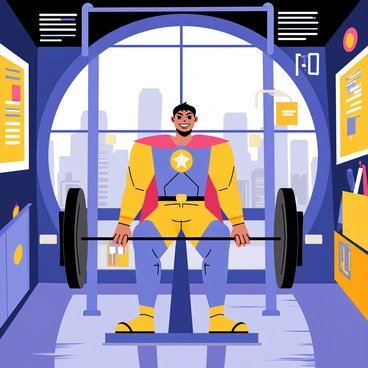 A superhero in a vibrant costume is performing a bench press in a hidden lair. The lair is filled with high-tech equipment, glowing screens, and various superhero gadgets. The superhero has a determined expression, showcasing their strength as they lift a heavy barbell above their chest. The walls are adorned with posters of past heroic feats, and the flooring is made of polished metal, reflecting the bright lights. In the background, a large window reveals a city skyline, hinting at the superhero's commitment to protecting the city.