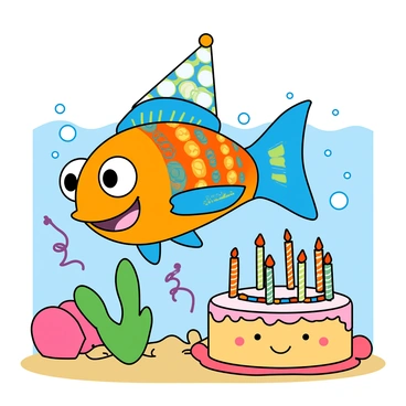 A colorful cartoon fish with bright scales in shades of blue and orange is swimming joyfully. The fish has big, expressive eyes and a wide smile. Around the fish, there are several vibrant party hats in various patterns, including polka dots and stripes. A large, round birthday cake sits on a coral reef, decorated with colorful icing and candles. The cake has a cheerful face drawn on it. Streamers and balloons float in the water, adding to the festive atmosphere. The background features playful bubbles rising in the water.