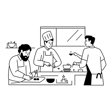 A group of chefs in a commercial kitchen are collaborating to create a new dish. One chef with a beard is chopping vegetables on a cutting board, while another chef wearing a white apron is stirring a pot on the stove. A third chef is measuring spices with a spoon. The kitchen is equipped with stainless steel appliances, and there are various ingredients and utensils visible on the countertops. A large window allows light to stream into the workspace.