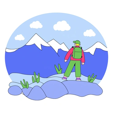A hiker with a backpack standing on a rocky outcrop. The hiker is wearing a bright red jacket and a green hat. In front of the hiker is a sweeping view of tall mountains with snow-capped peaks. The sky above is clear with a few fluffy white clouds scattered. Below, patches of green vegetation can be seen among the rocky terrain.