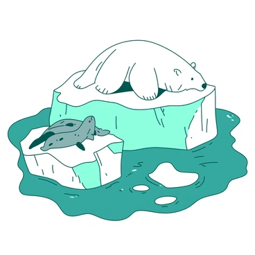 A white polar bear rests on a large, jagged iceberg, gazing towards the horizon. Nearby, a small group of seals is lounging on another iceberg, their sleek bodies glistening in the chilly air. The icebergs are floating in a sea of deep teal water, contrasting against the bright white of the ice. The sky above is overcast, adding a sense of chill to the scene. The polar bear's fur appears thick and fluffy, while the seals are spotted with shades of gray. The icy landscape creates a dramatic yet tranquil arctic setting.